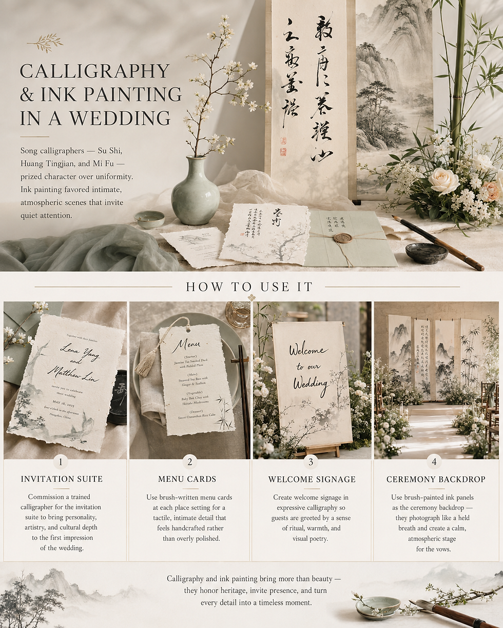 Calligraphy and ink painting wedding inspiration with Song dynasty aesthetic details, featuring handmade wedding stationery, brush calligraphy, ink landscape panels, white florals, and refined Chinese wedding décor.