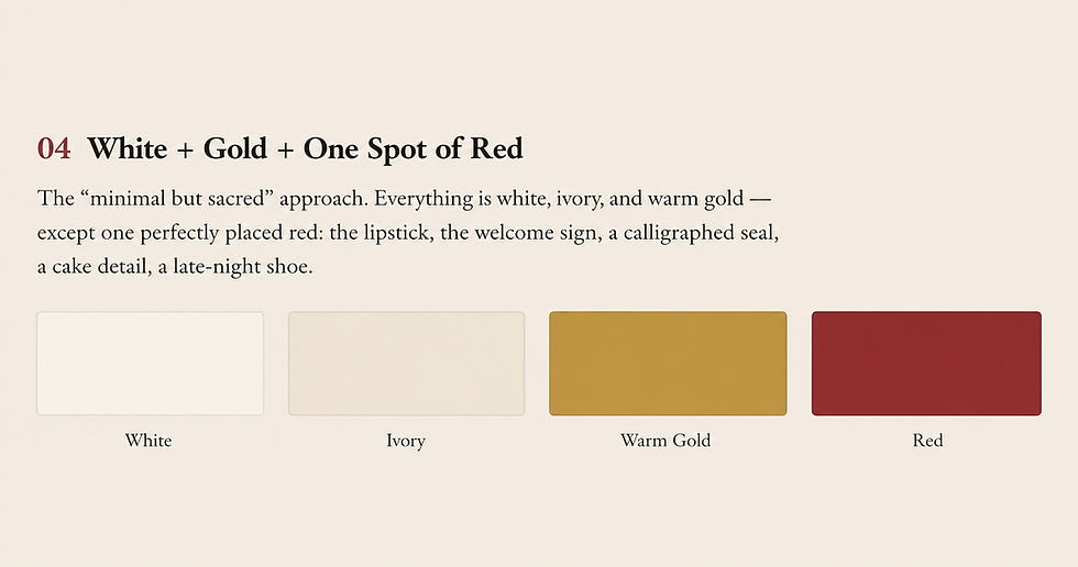 White, ivory, warm gold, and red modern Chinese wedding color palette showing a minimal but sacred approach with one meaningful red accent.