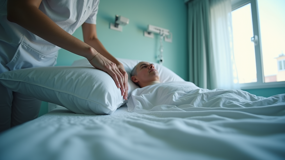 Eye-level view of a caregiver adjusting pillows on a hospital bed