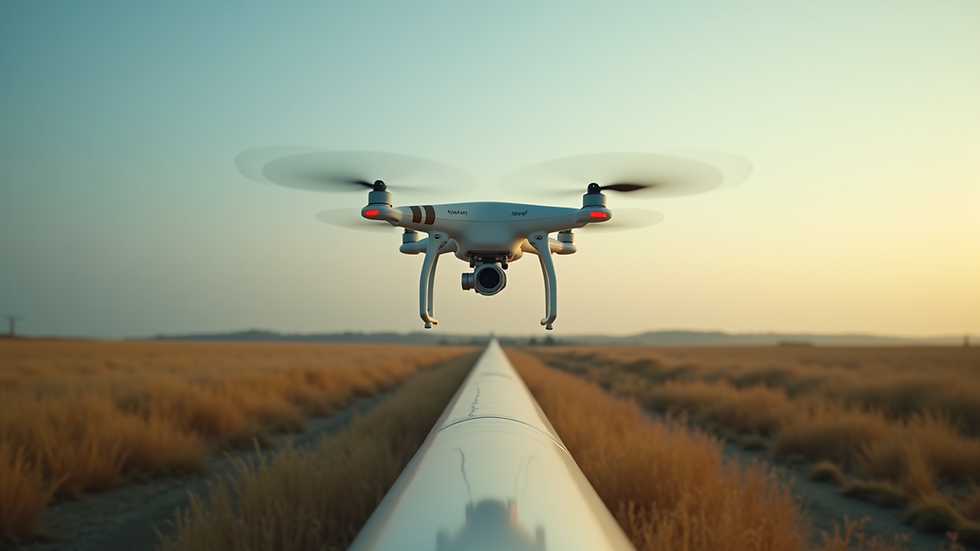 Eye-level view of pipeline inspection drone flying over a rural landscape