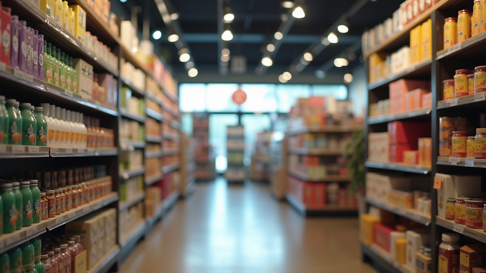 Eye-level view of retail store displaying products for customers to shop safely