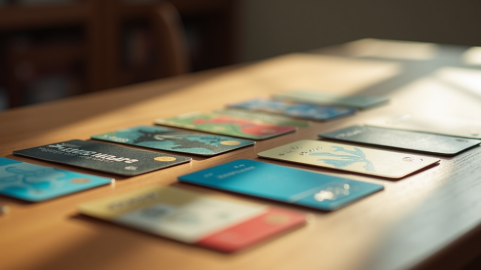 High angle view of a loyalty card collection spread on a table