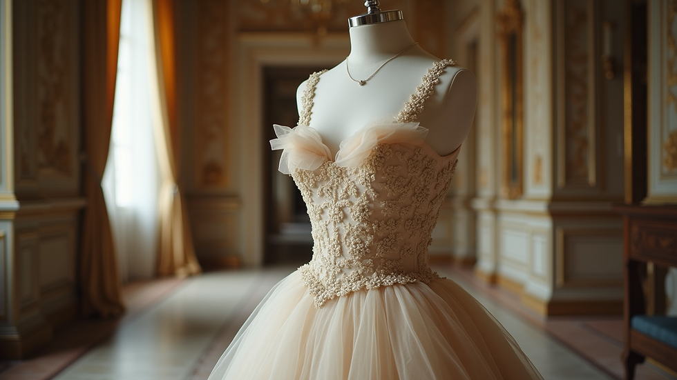 Eye-level view of a classic Hollywood gown on a mannequin