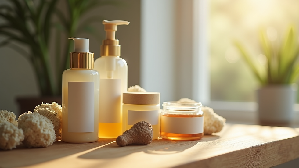 Close-up view of natural skincare products arranged on a wooden table