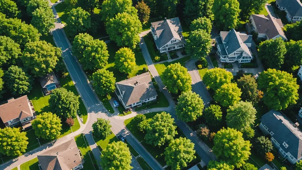 High angle view of a serene neighborhood with well-established trees