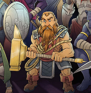 A cartoon fantasy dward holding a hammer that is also an anvil.