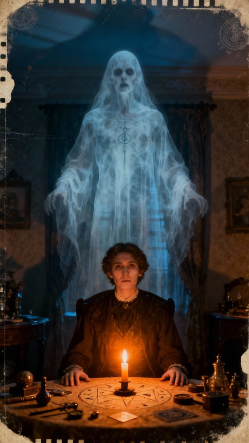 psychic medium performing a séance, with a negative entity being summoned