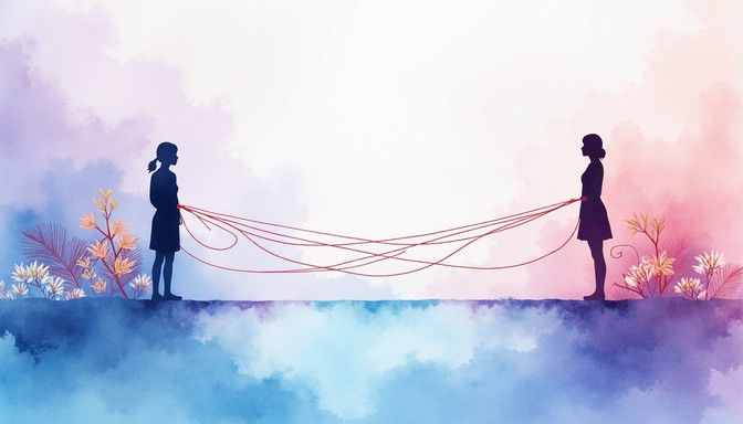 red thread connecting two people, soul ties, soul bond, spiritual connection, energetic cords