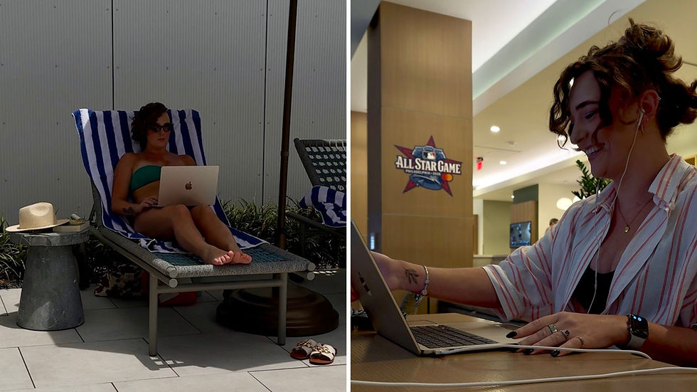 Comparison image: On the left, remote work from a pool lounge chair. On the right, remote work from a hotel lobby.