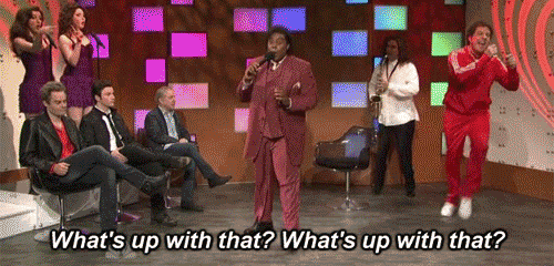 Image is a gif featuring people dancing with the worlds "what's up with that? what's up with that?" on the bottom.