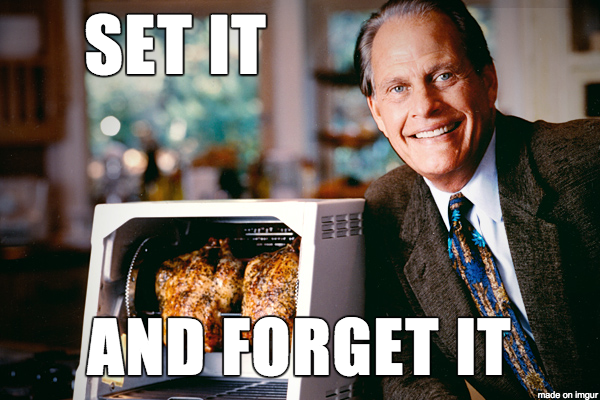 Image is of Ron Popeil the owner of Ronco next to a kitchen appliance with the words "Set it and forget it" written on the image in white.