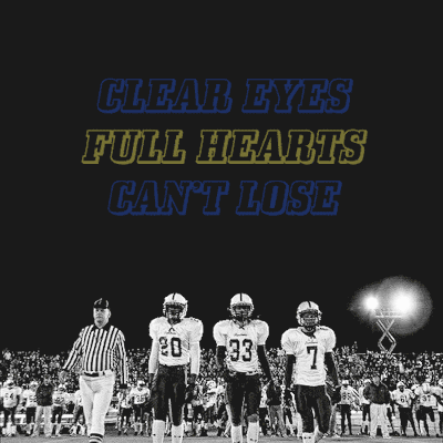 Image is of 3 high school football players walking onto a field with a referee with the words "clear eyes full hearts can't lose" on it in blue and yellow