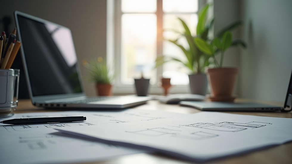 Eye-level view of a modern office desk with a laptop and design sketches