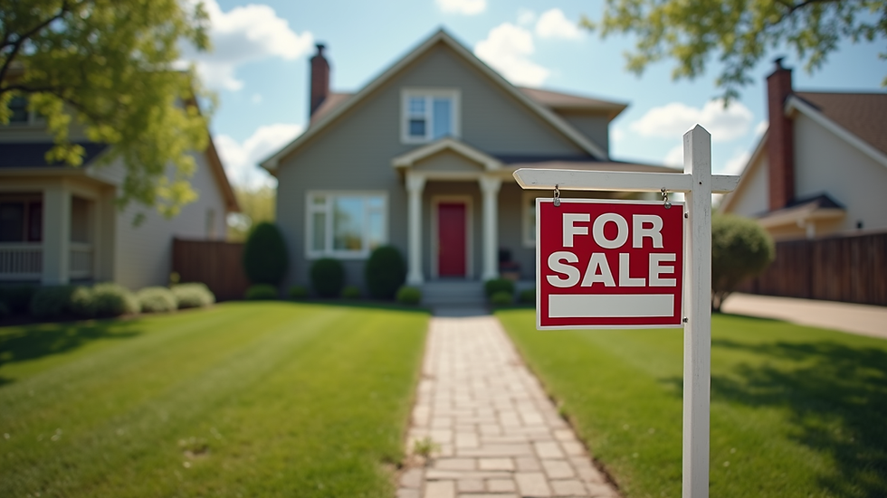 Eye-level view of a suburban house with a "For Sale" sign in front