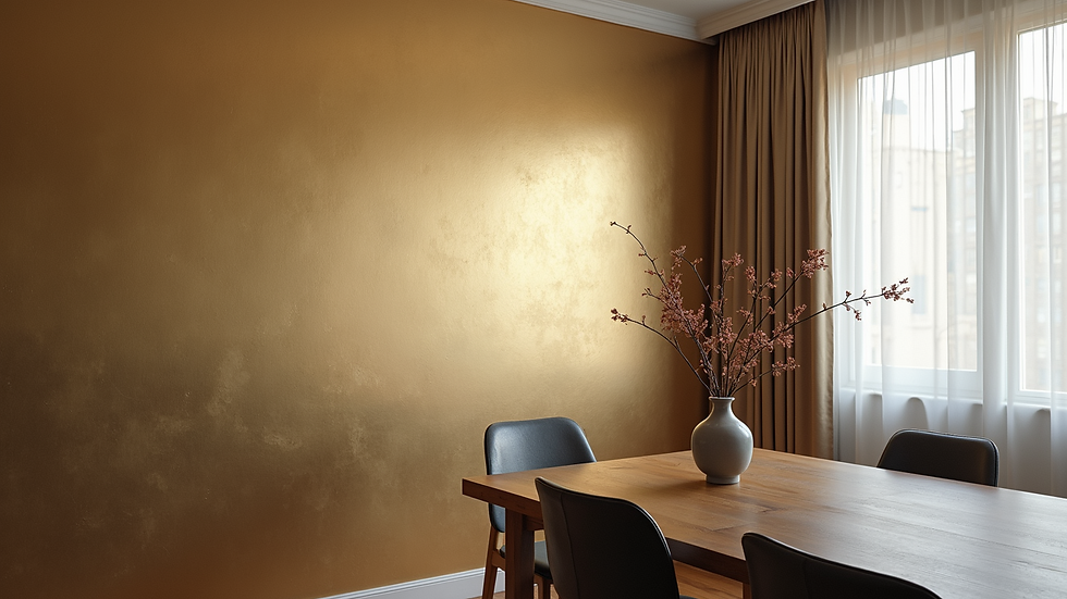 Eye-level view of a wall with metallic textured paint in a dining room
