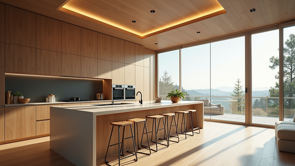 High angle view of modern kitchen with crafted ceiling designs
