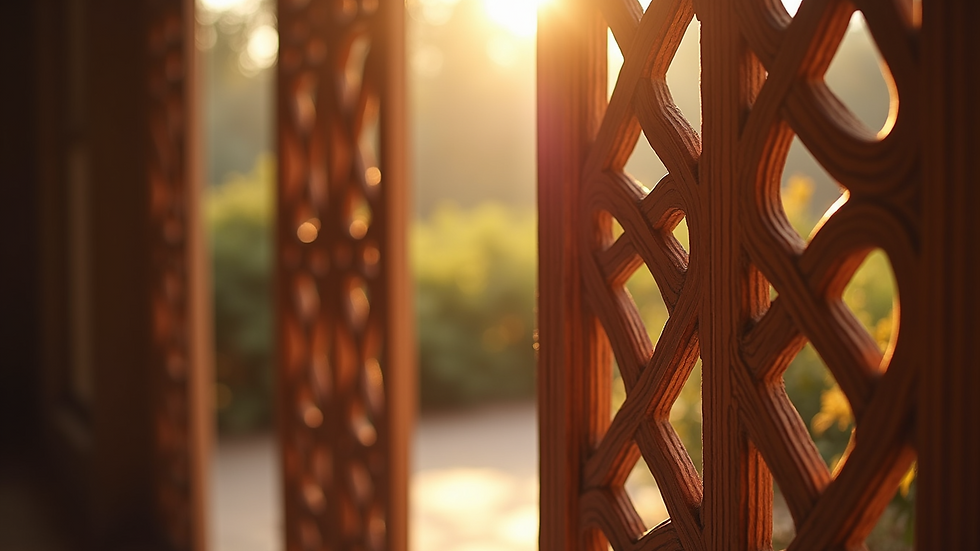 Close-up view of a wooden jali screen with sunlight filtering through