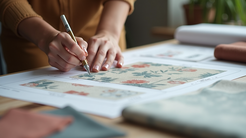 High angle view of a designer working on home decor plans with fabric samples