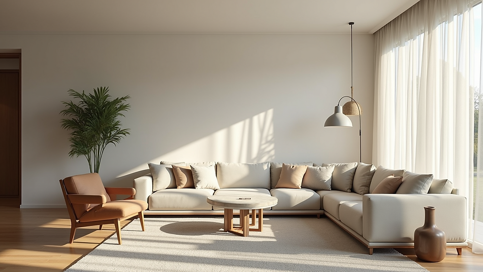 Eye-level view of a modern living room with neutral colors and natural light