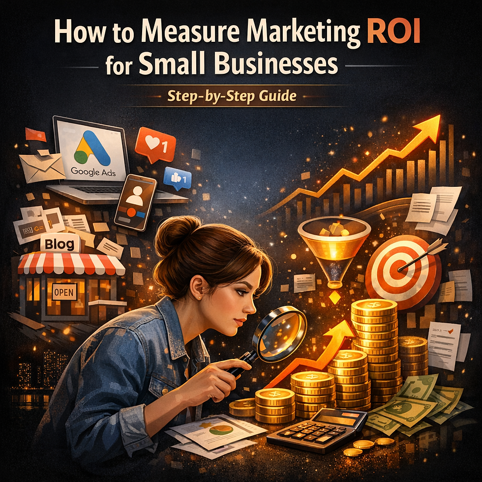 Learn how to measure marketing ROI for small business step by step. Formulas, metrics, tools, channel tracking, and real examples for SEO, ads, social, and content.