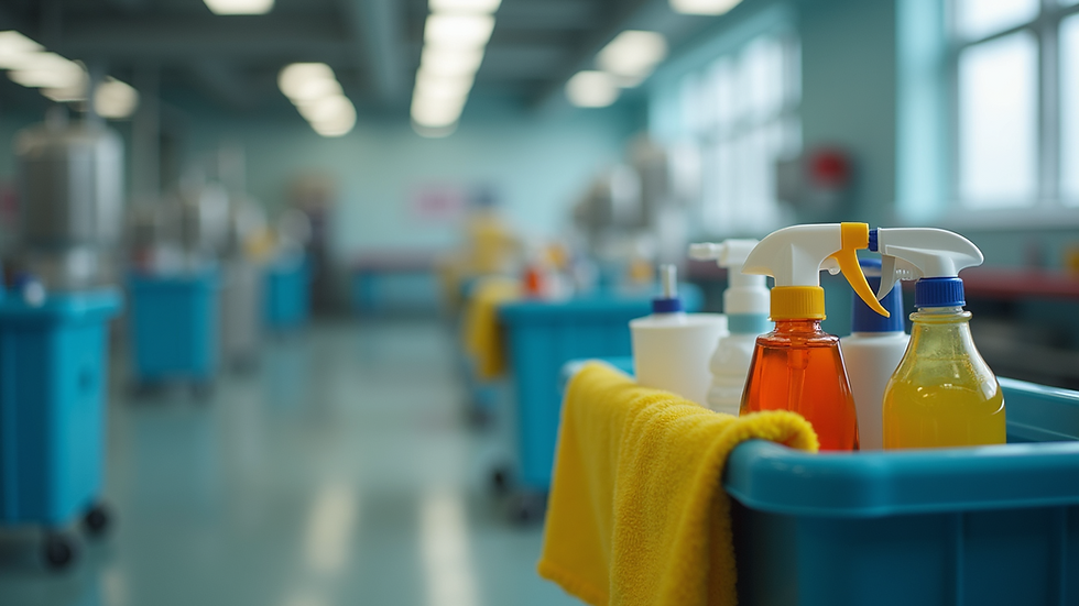 Eye-level view of a cleaning caddy with supplies organized neatly