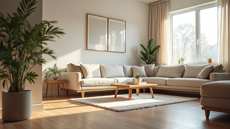 Eye-level view of a clean and organized living room with natural light