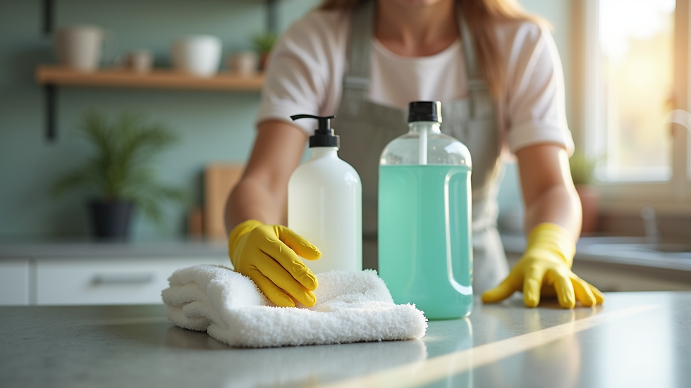 Eye-level view of a professional cleaner using eco-friendly products on a countertop