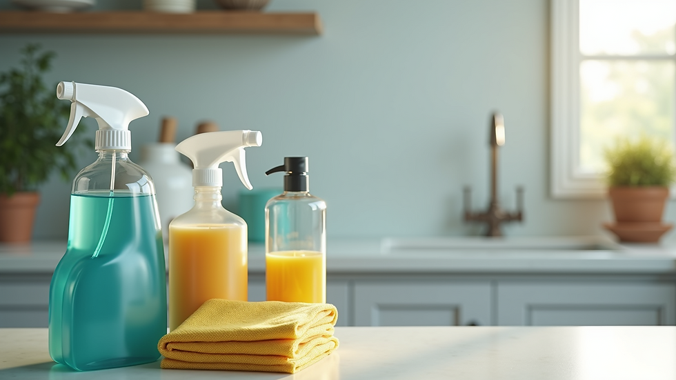 Close-up view of cleaning supplies arranged neatly on a countertop
