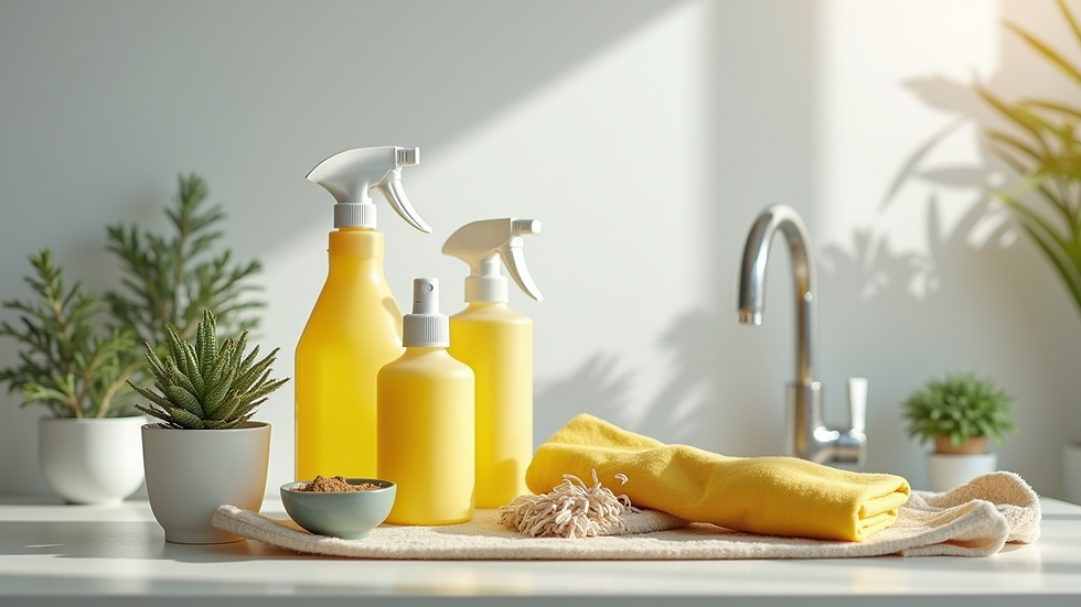 Close-up view of eco-friendly cleaning supplies arranged neatly on a countertop