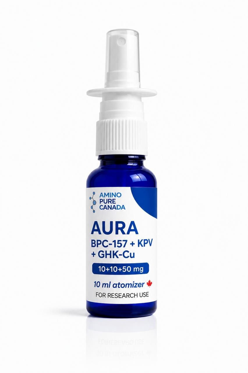 AURA BLEND: A premium Canadian peptide formulation featuring BPC-157, KPV, and GHK-Cu, designed for research use in a convenient 10 ml atomizer.
