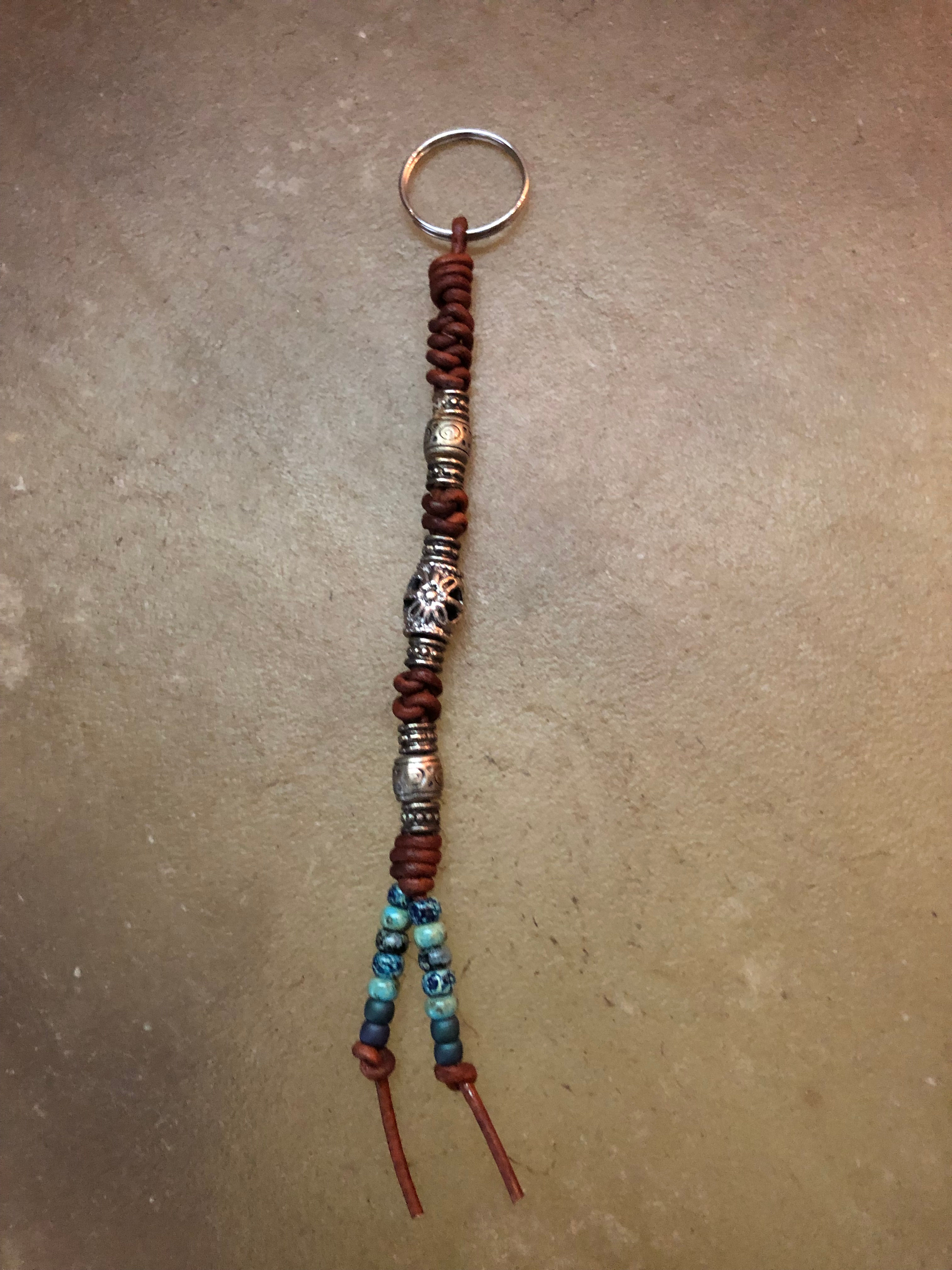 Beaded Leather Keychain - Silver Metal and Blue Miyuki Glass Beads