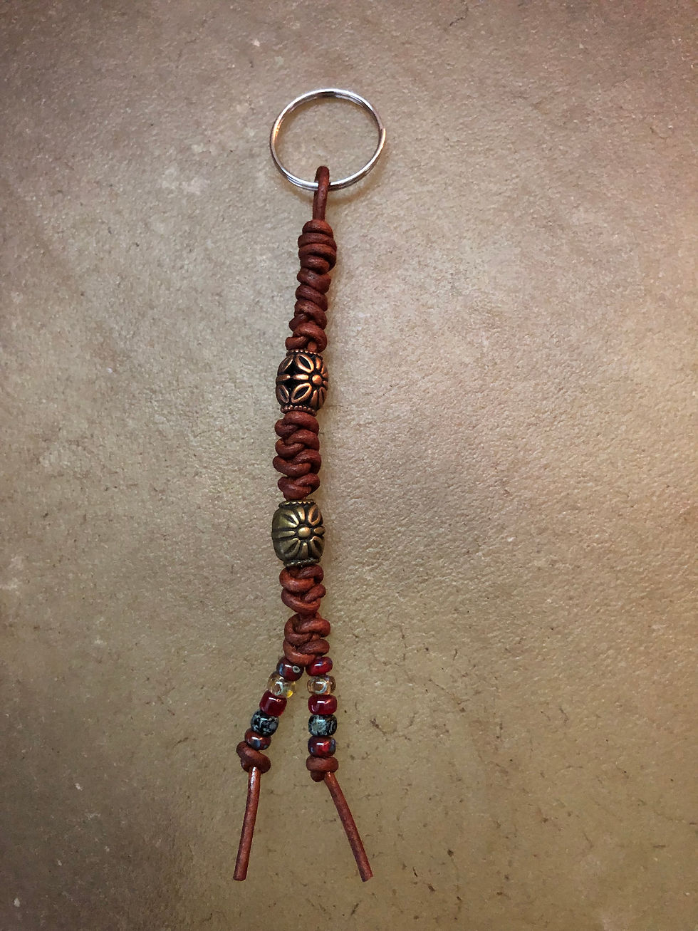 Beaded Leather Keychain - Copper & Brass Metal and Miyuki Glass Beads