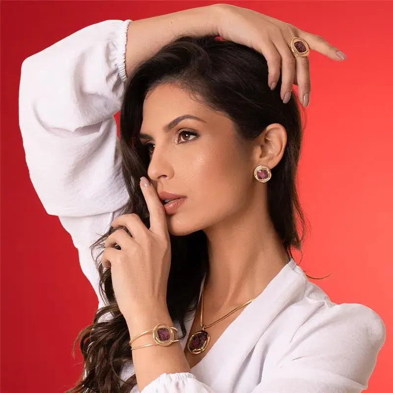 Miniatura: CONJUNTO FOLHEADO A OURO RODONITA