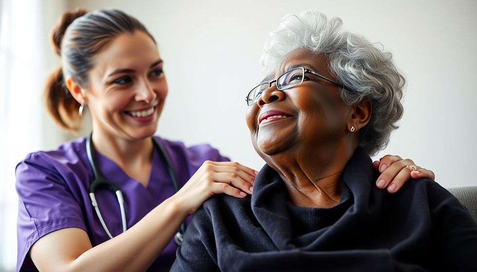 High angle view of a caregiver setting up a comfortable living space for an elderly patient