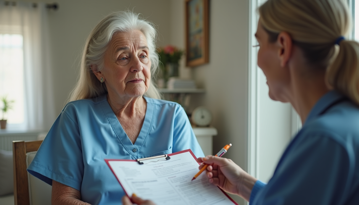 Close-up view of a caregiver explaining medication instructions to a family member