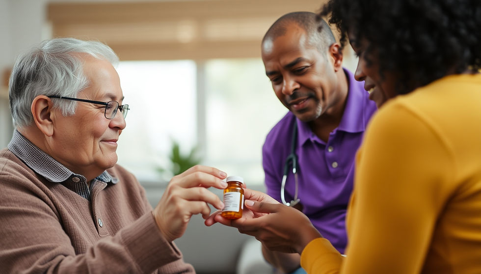 Eye-level view of a caregiver assisting an elderly person with medication at home