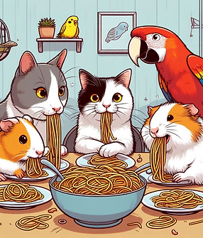 Comic_ ein Meerschweinchen, eine Katze, ein Kakadu, ein Hamster und ein Kamäleon essen zus