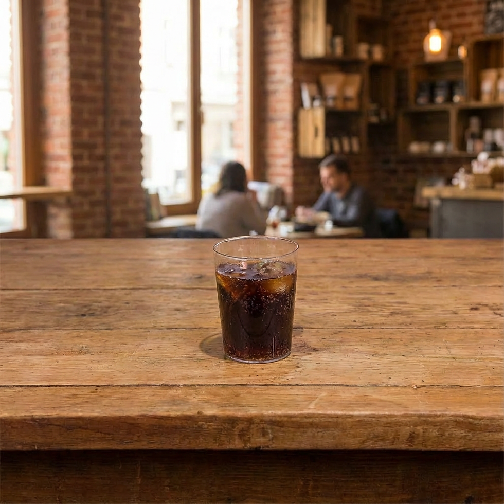 Miniatura: Vaso de plastico de 50cl sidra de policarbonato sobre una mesa de madera de un bar con hielo y cocacola dentro
