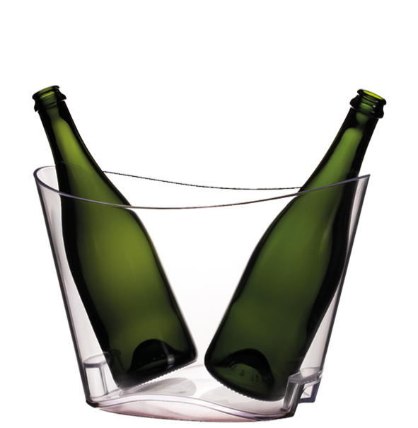 Cubitera de policarbonato transparente con capacidad para dos botellas, ideal para mantener bebidas frías.