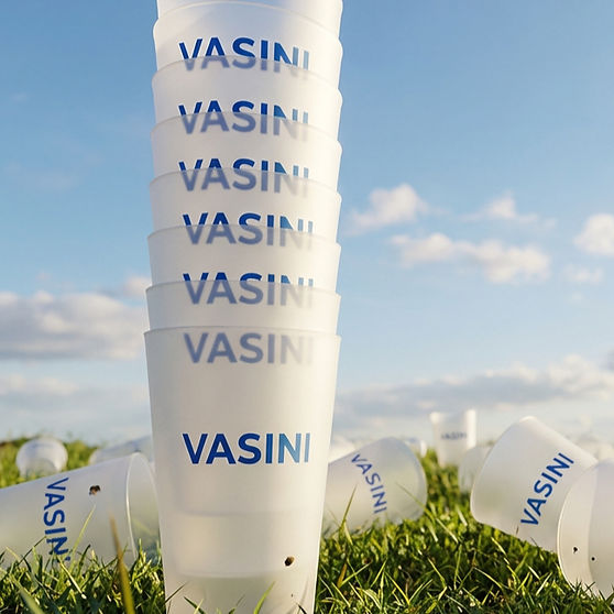 Vasos de plástico reutilizables y apilables marca VASINI sobre césped bajo un cielo azul despejado.
