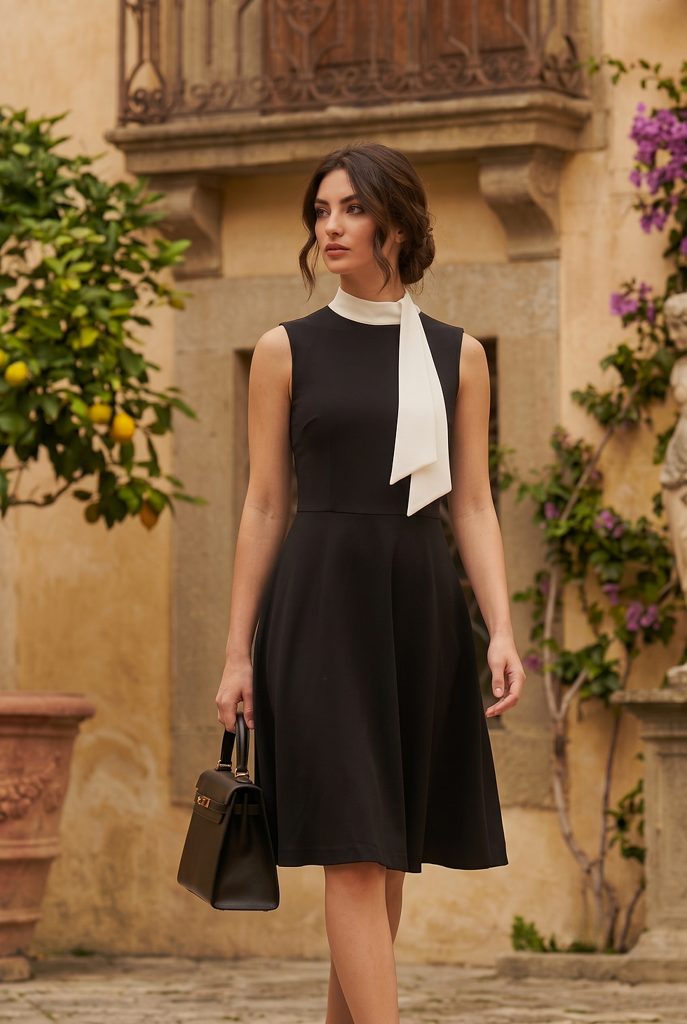 Woman wearing the Valentina Dress, an elegant black sleeveless midi dress with a refined A-line silhouette, photographed in a