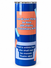 Blue scripture tumbler with Bible verses on a white background