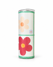 Floral skinny tumbler with green trim and colorful flowers on a white background