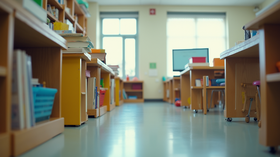 Eye-level view of a colorful classroom filled with educational materials