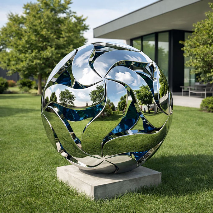 Flower by George Panossian is a contemporary sculpture in mirror-polished steel inspired by the blooming of flowers, ideal for gardens, luxury villas or high-end architectural projects.