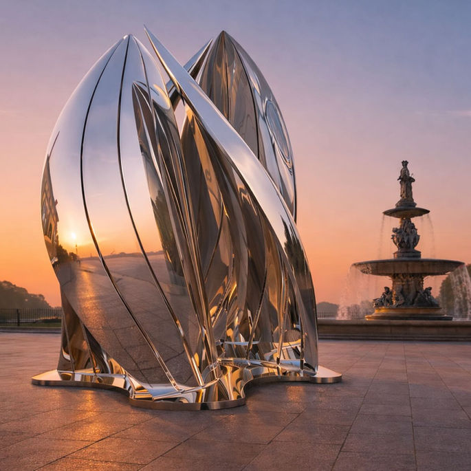 George Panossian's Sails is a monumental contemporary sculpture in mirror-polished stainless steel, embodying movement, air energy, navigation, light, reflection, and architectural elegance.