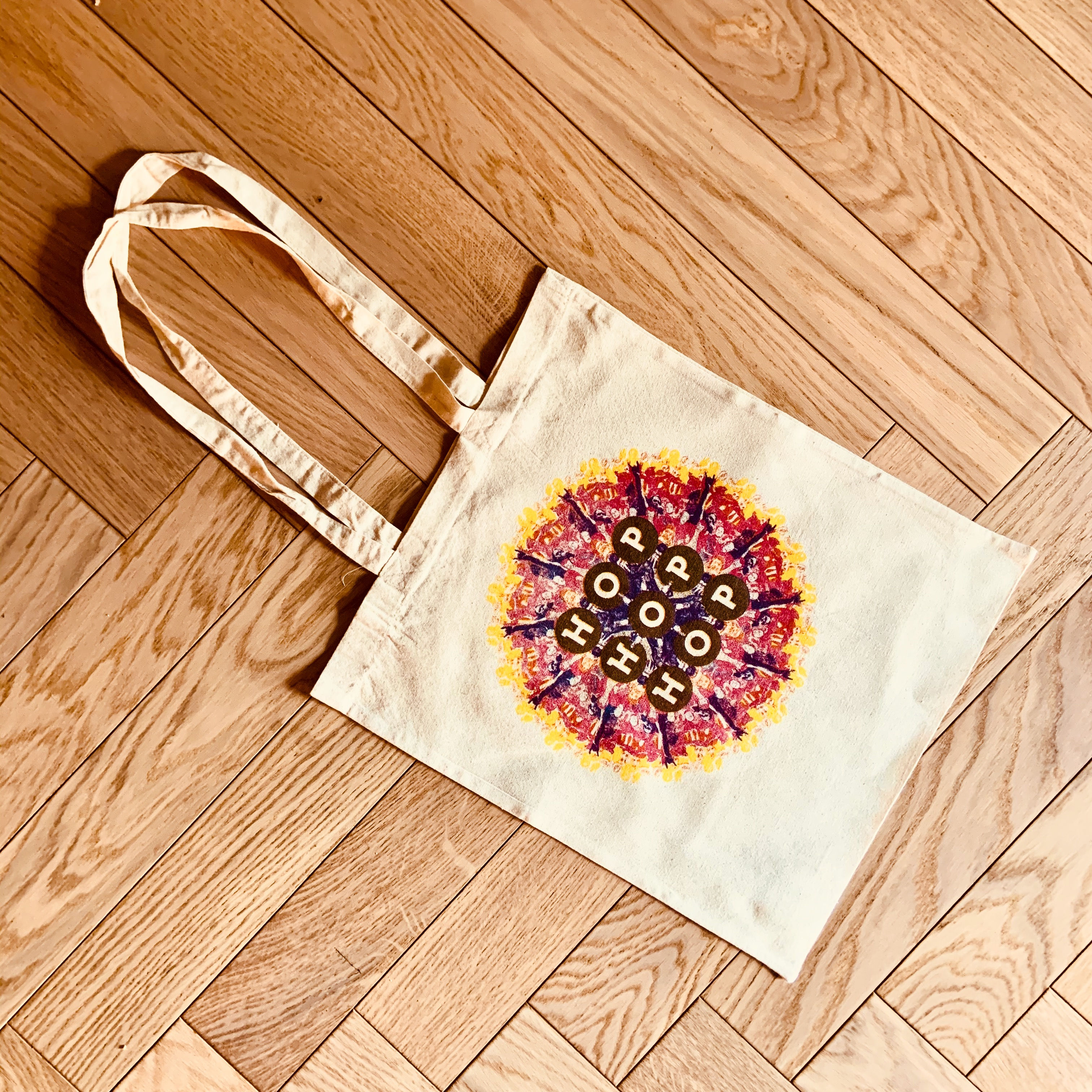 Tote bag Hop Hop Hop - Mandala - logo noir