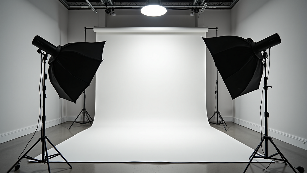 Wide-angle view of an empty photography studio ready for a session