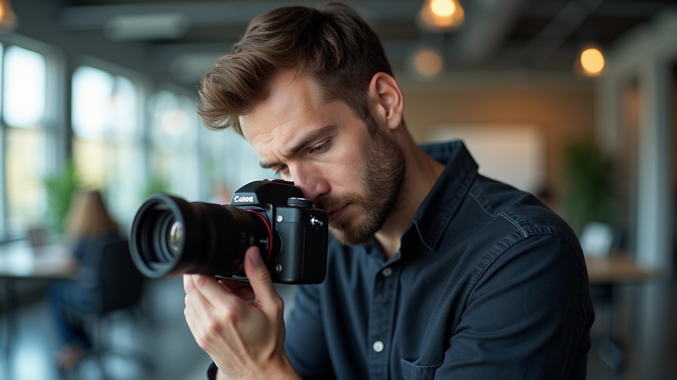 Close-up view of a photographer adjusting camera settings in a modern office