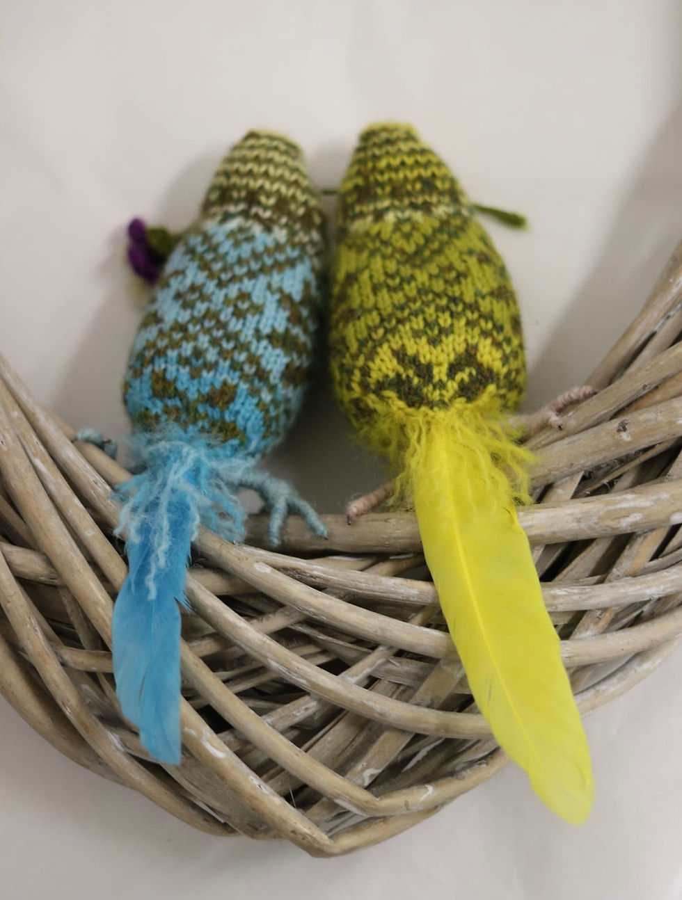 Thumbnail: Fair Isle Knitted Pair of Budgies 'The Lovers' in wooden heart